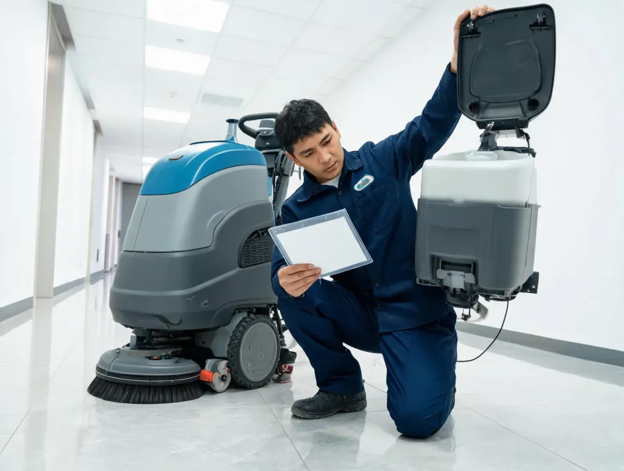 Operator reviewing daily scrubber care checkpoints
