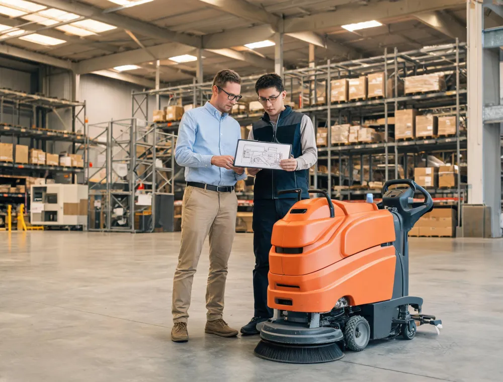 Floor-care advisor walking a facility route with an operations manager