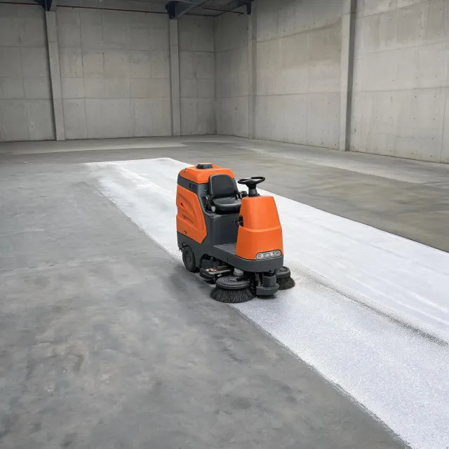 Ride-on floor scrubber on an open warehouse floor