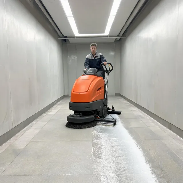 Walk-behind floor scrubber on a narrow facility route