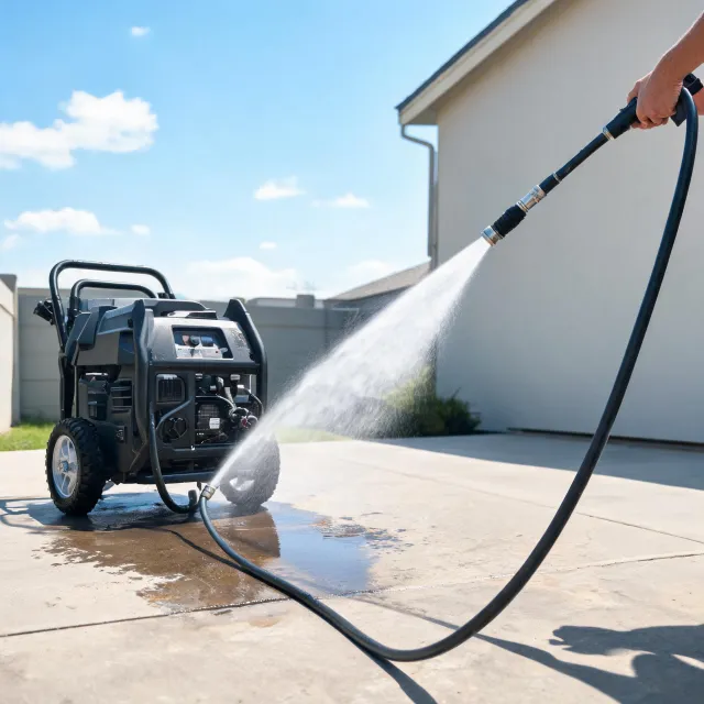 Pressure washer cleaning an exterior service pad