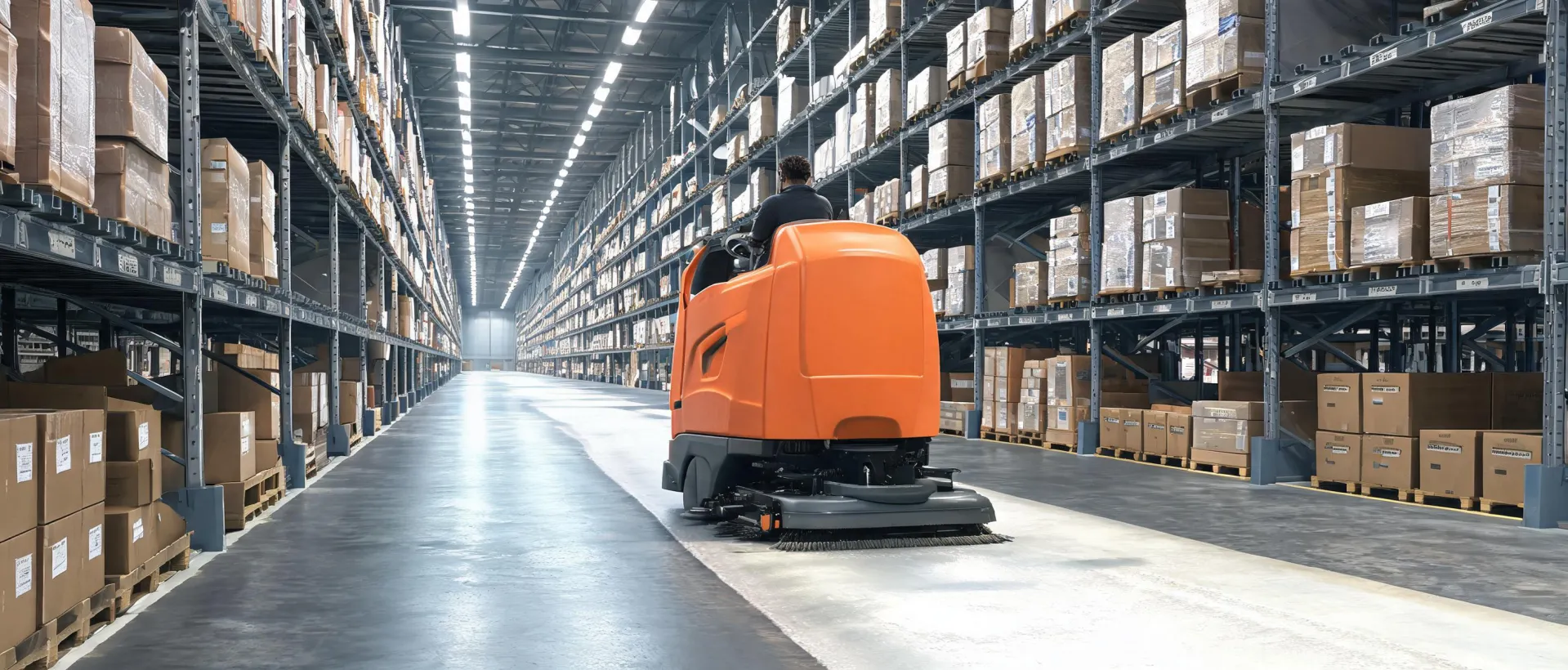 Clarke ride-on scrubber cleaning a busy distribution floor