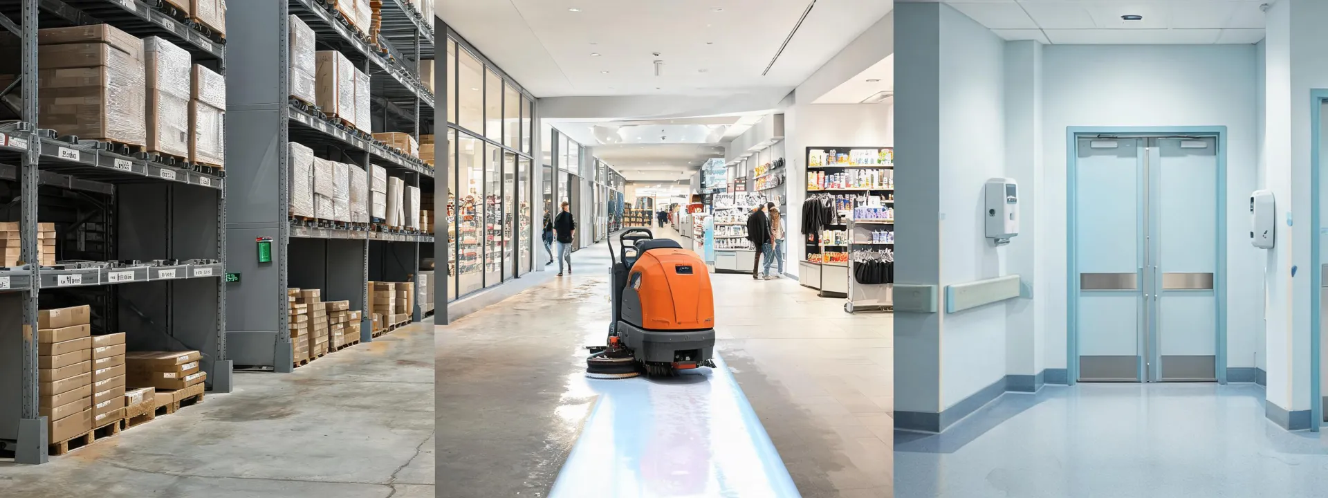 Commercial cleaning equipment working across multiple facility zones