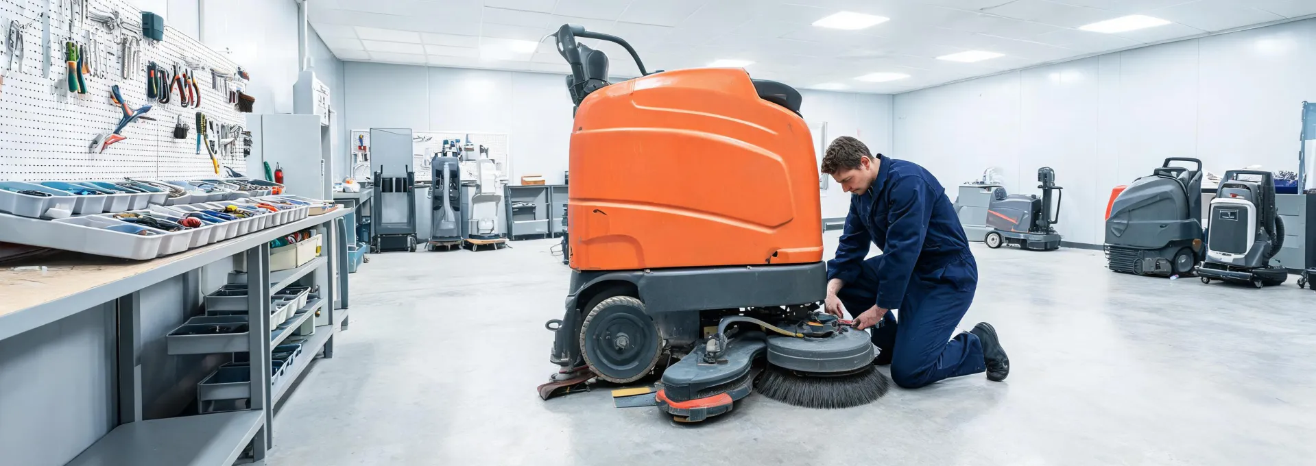 Service technician inspecting a commercial floor scrubber